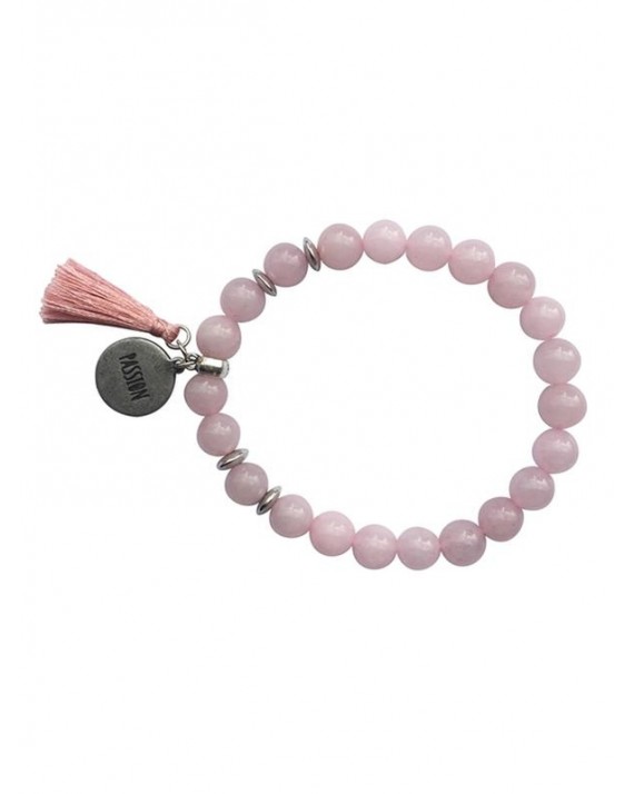 Bracelet Quartz Rose Perles rondes 8 mm Pompon Breloque