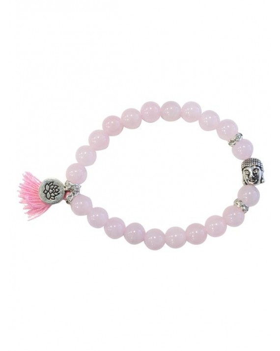 Bracelet Quartz Rose Perles rondes 8 mm Pompon et Lotus