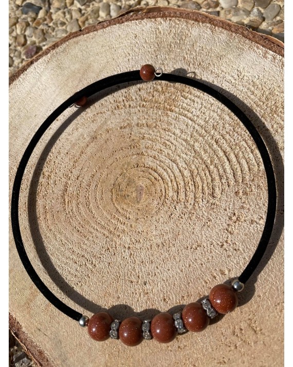 COLLIER - PIERRE DU SOLEIL RECONSTITUÉE - PERLES - RAS DE COU NOIR COLLIER - PIERRE DU SOLEIL RECONSTITUÉE - PERLES - RAS DE COU NOIR