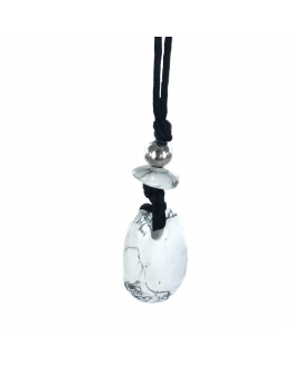 Collier Magnésite - Perle métallique - Cordon noir ajustable