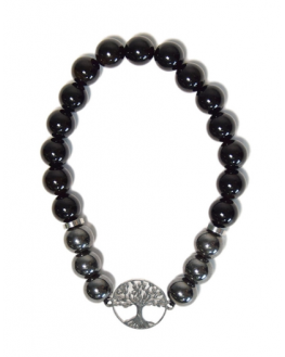 Bracelet Perles rondes 8 mm Hématite et Onyx Arbre de Vie